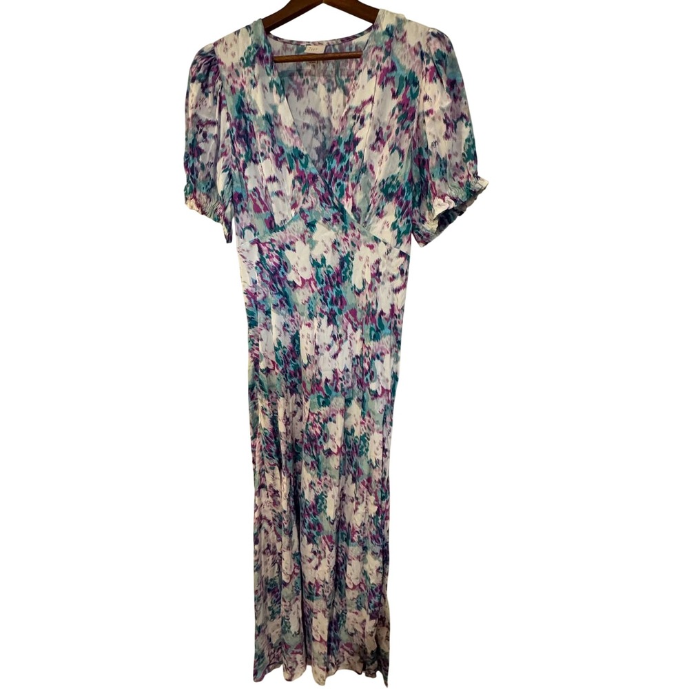 A New Day Maxi Dress Women M Purple Teal Abstract Floral Excellent V-Neck Sleeve